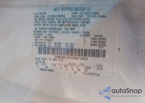 2003 Ford Windstar Lx z USA, uszkodzony, nr VIN 2FMZA51423BB71463